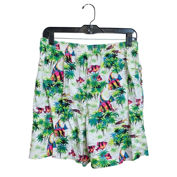 Large Vintage South Breeze 80s Tropical Cotton Shorts Palm Tree Fish Print Beach - Picture 2 of 8